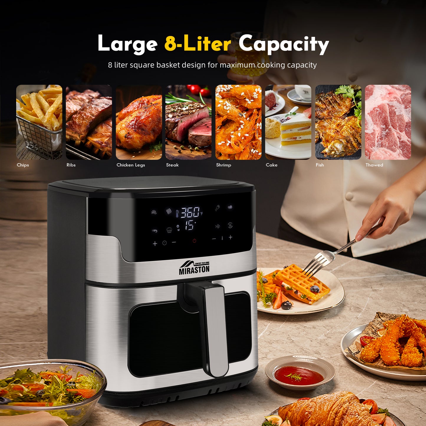 MIRASTON 8.5QT Smart Digital Family Sized Large Air Fryer Preset Recipes Options Choice 1500W