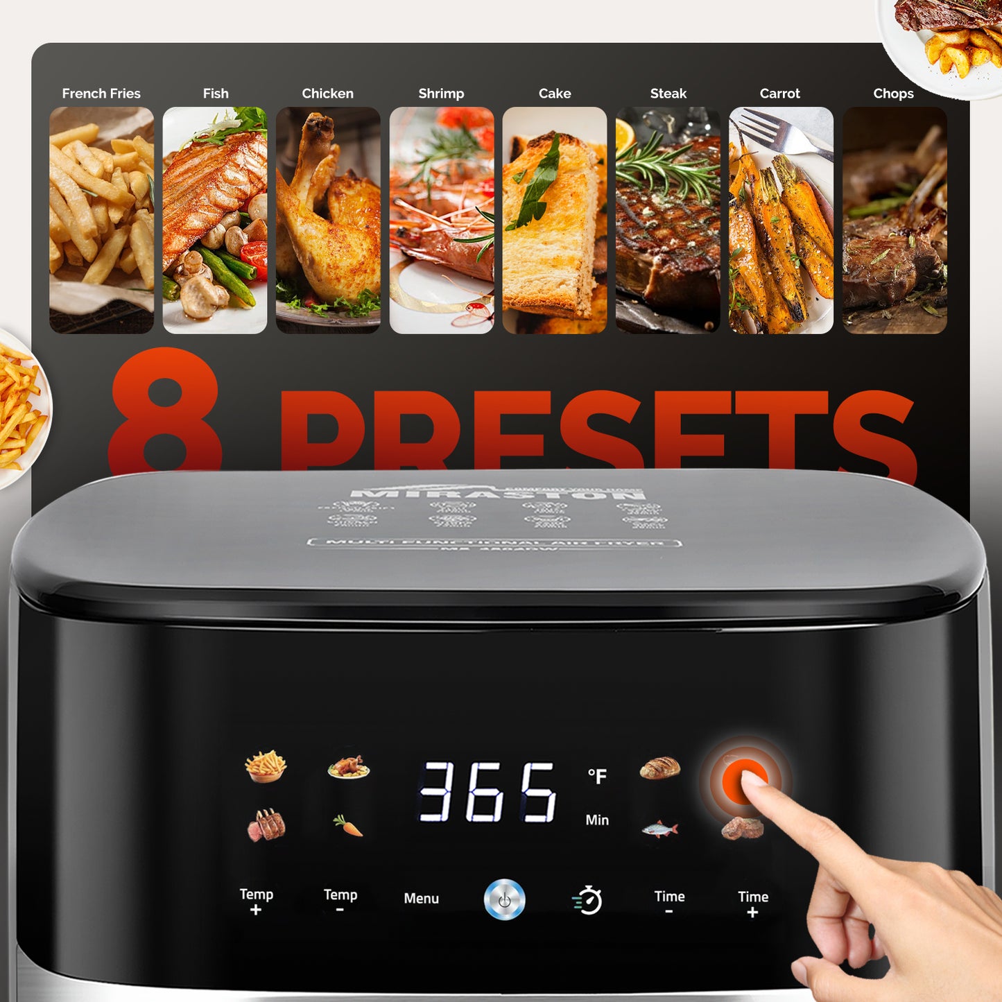MIRASTON 5.8QT Family Size Air Fryer with Viewing Window, 85% Less Oil, Fast Roast, Preheat, Shake, Bake, Non-Stick Basket for Easy Clean, 1500W