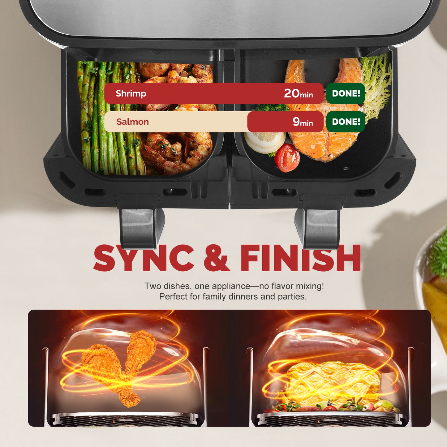 MIRASTON 10QT Touch Dual Air Fryer, Maximize The Healthiest Meals With Double Basket Capacity,Dishwasher Safe Frying Baskets, Low-Calorie Finish