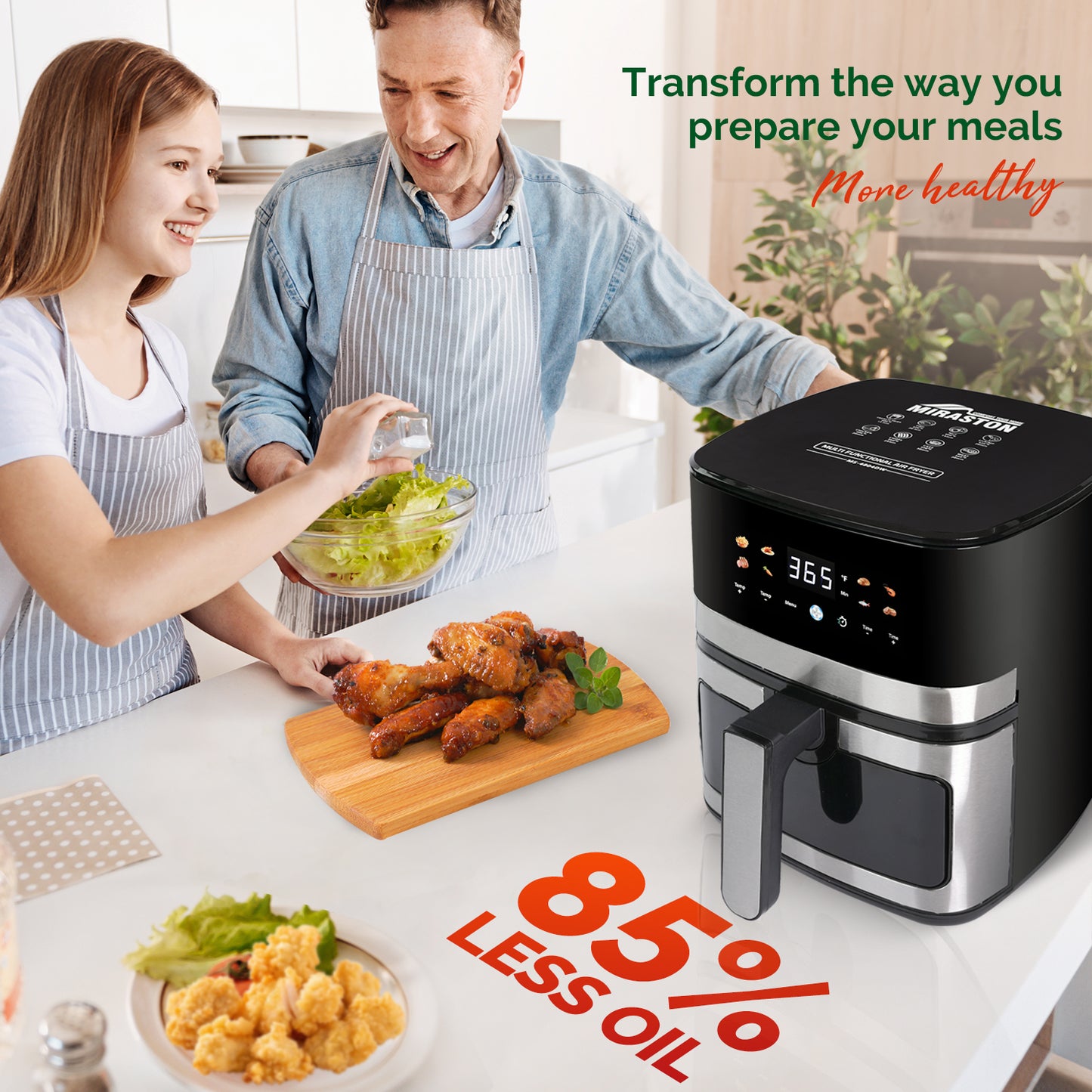 MIRASTON 5.8QT Family Size Air Fryer with Viewing Window, 85% Less Oil, Fast Roast, Preheat, Shake, Bake, Non-Stick Basket for Easy Clean, 1500W