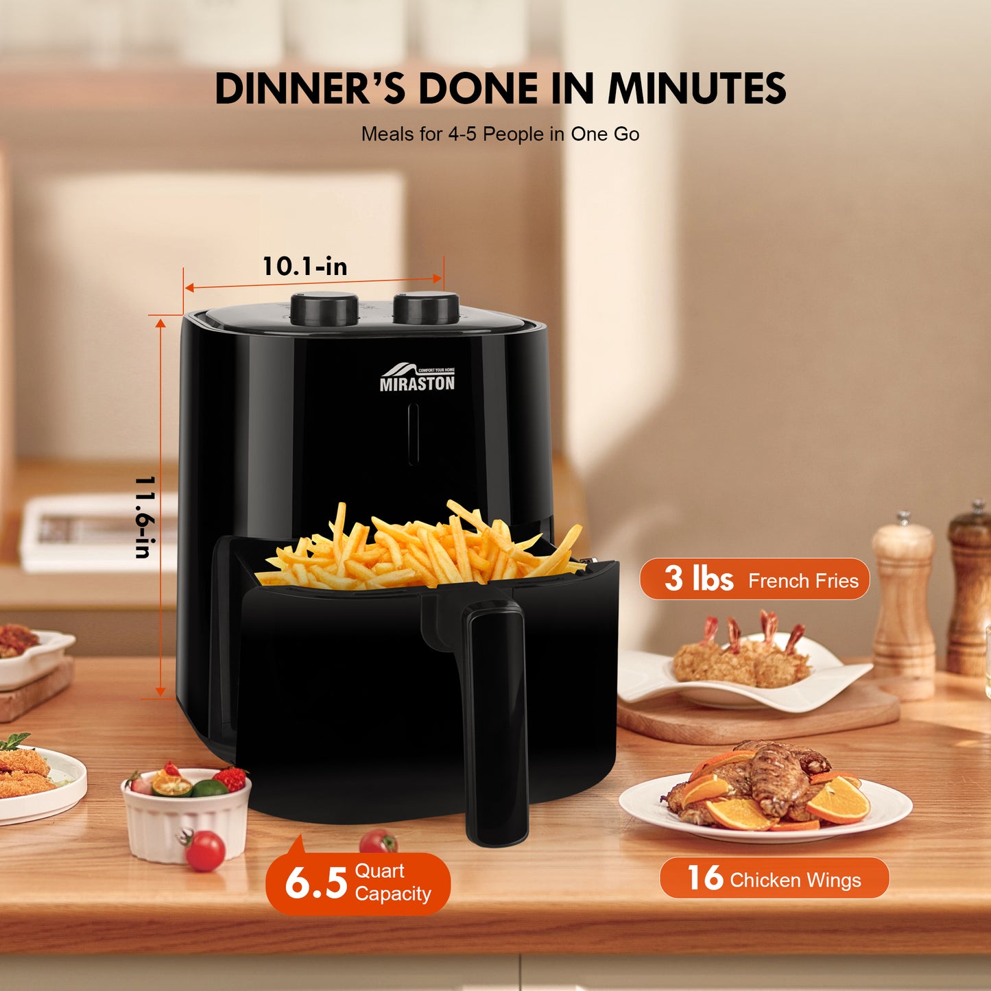 MIRASTON 4.5QT Dials Air Fryer | Compact & Sleek Design | Timer with Auto Shut-off and Shake Reminder | Fast Cooking for Breakfasts, Lunchs, Dinners, Snacks | Classic Black