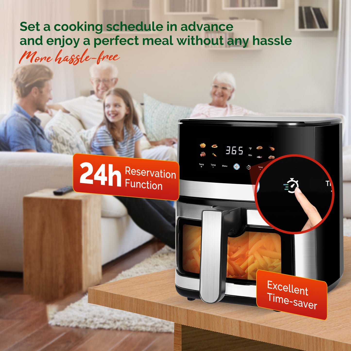 MIRASTON 5.8QT Family Size Air Fryer with Viewing Window, 85% Less Oil, Fast Roast, Preheat, Shake, Bake, Non-Stick Basket for Easy Clean, 1500W