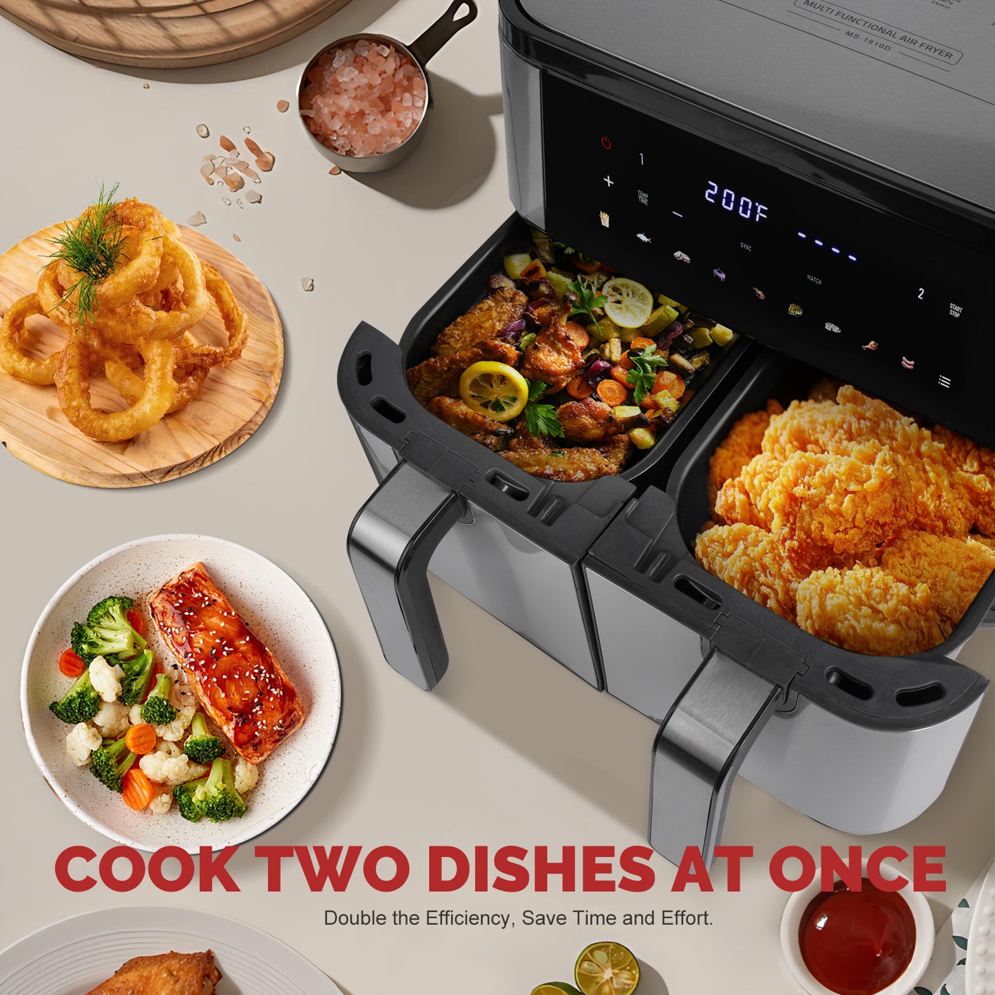 MIRASTON 10QT Touch Dual Air Fryer, Maximize The Healthiest Meals With Double Basket Capacity,Dishwasher Safe Frying Baskets, Low-Calorie Finish