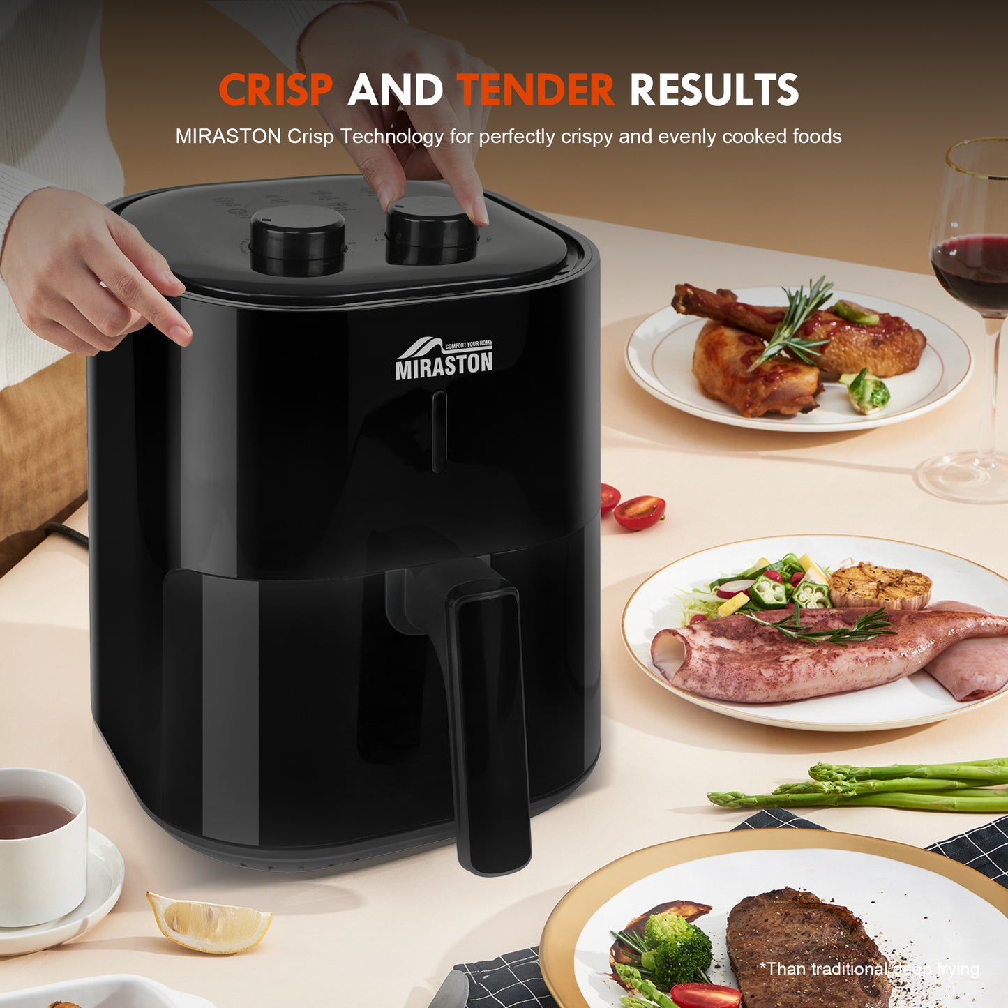 MIRASTON 4.5QT Dials Air Fryer | Compact & Sleek Design | Timer with Auto Shut-off and Shake Reminder | Fast Cooking for Breakfasts, Lunchs, Dinners, Snacks | Classic Black