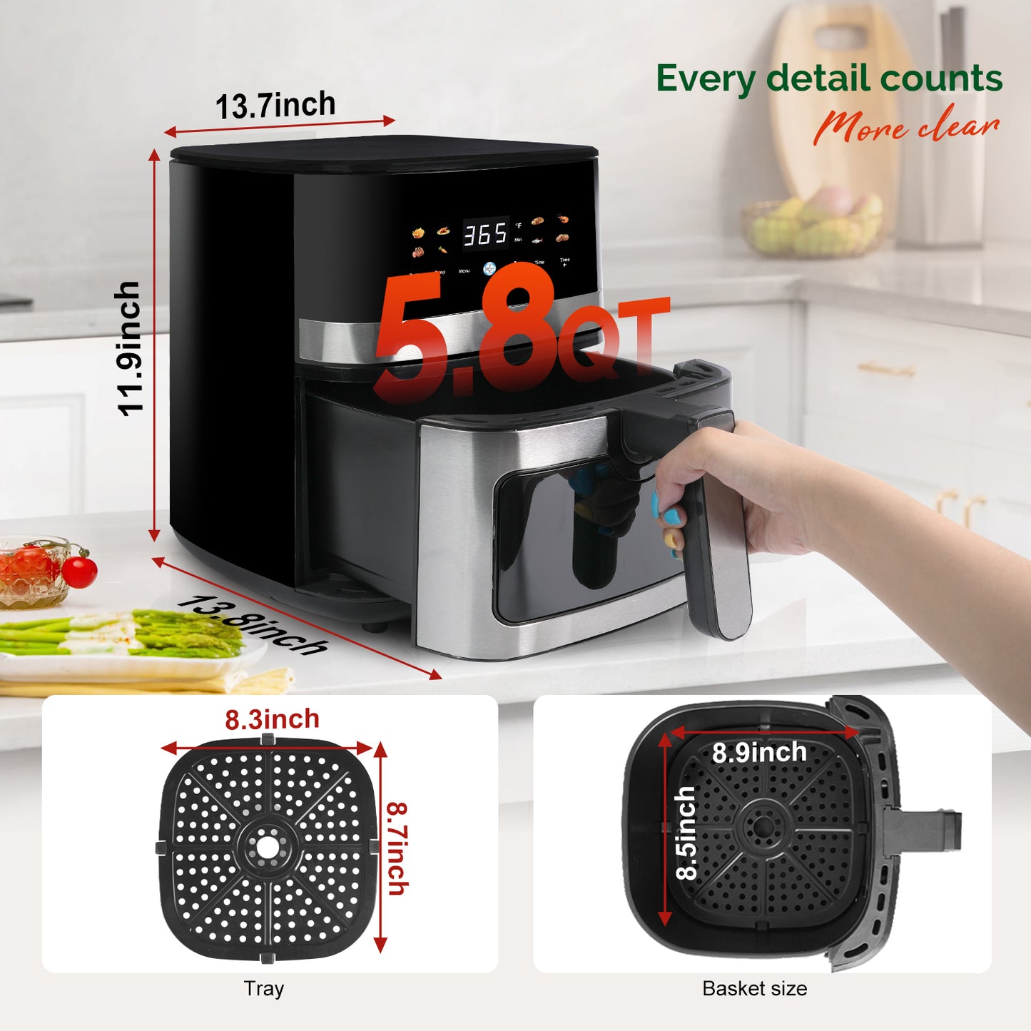 MIRASTON 5.8QT Family Size Air Fryer with Viewing Window, 85% Less Oil, Fast Roast, Preheat, Shake, Bake, Non-Stick Basket for Easy Clean, 1500W