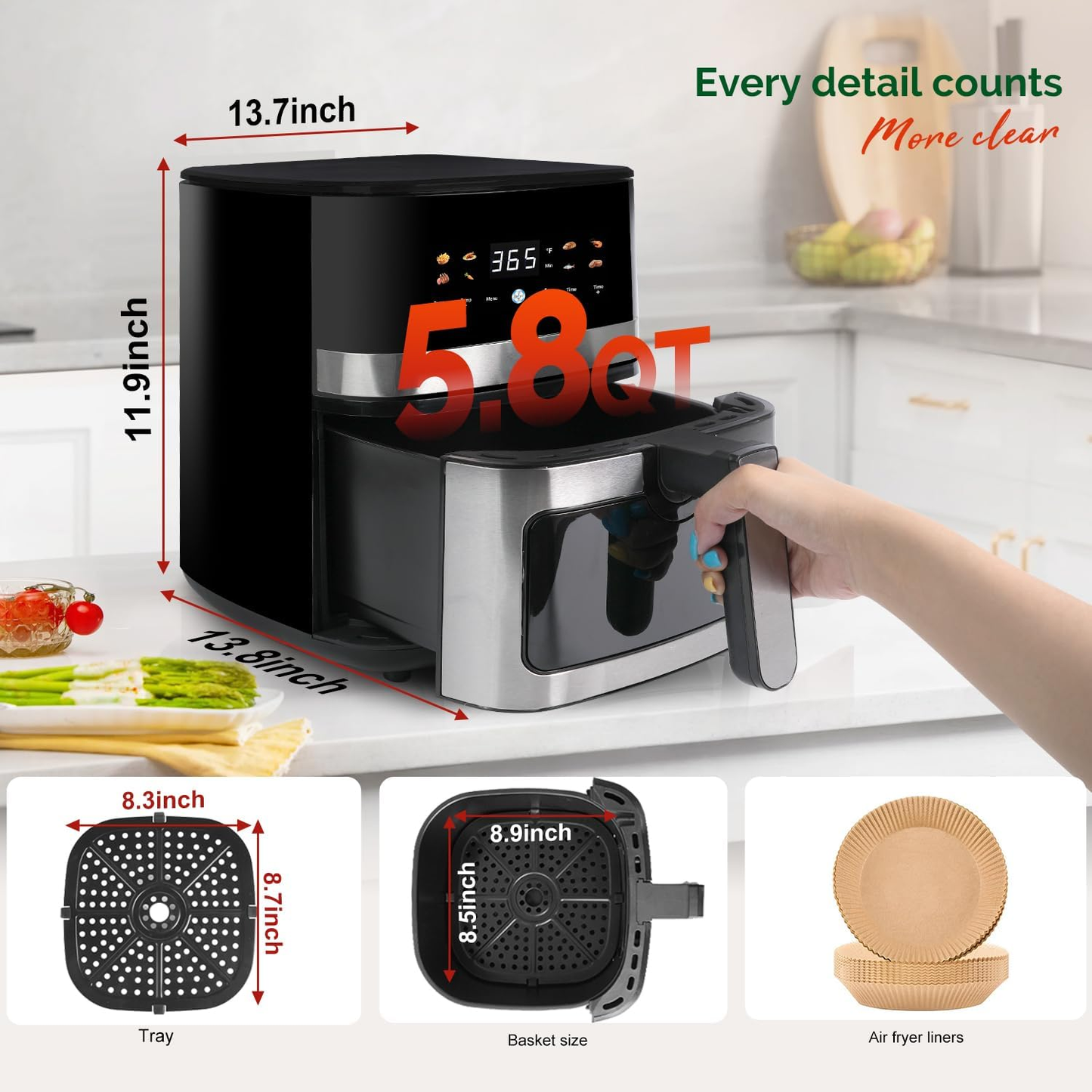 MIRASTON 5.8-Quart 8-in-1 Touch Screen Nonstick Air Fryer