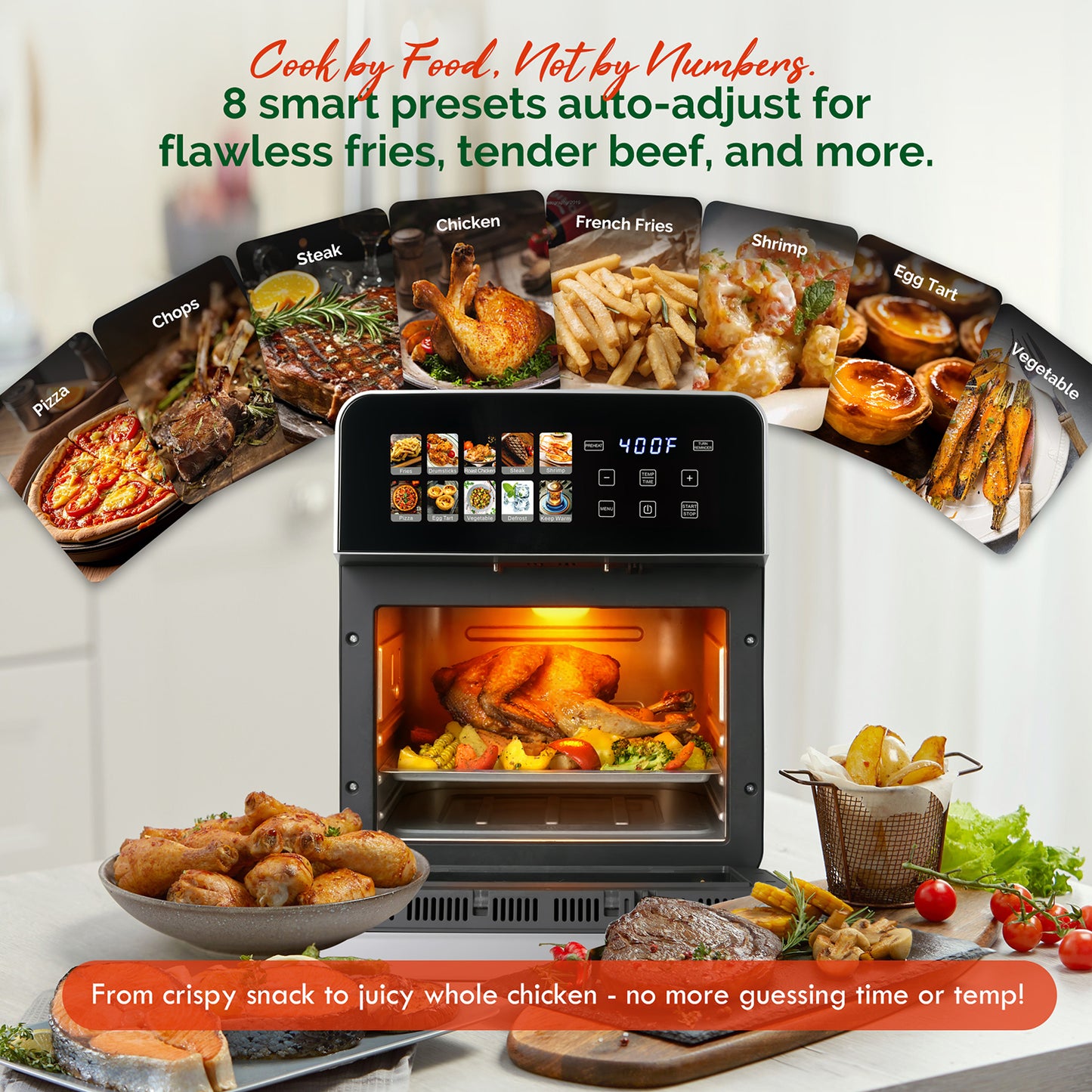 10QT Air Fryer Toaster Oven Combo with 8 Presets, Family Size Compact Oven for Roasting Whole Chicken/Double Cooking, Stainless Steel Interior, Easy Clean, Includes 2 Accessories & Recipe