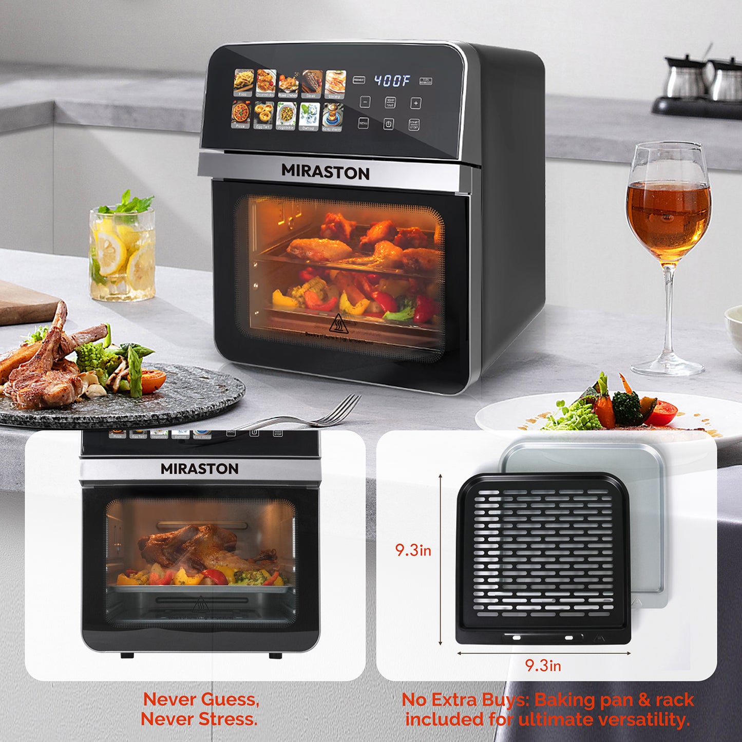 10QT Air Fryer Toaster Oven Combo with 8 Presets, Family Size Compact Oven for Roasting Whole Chicken/Double Cooking, Stainless Steel Interior, Easy Clean, Includes 2 Accessories & Recipe