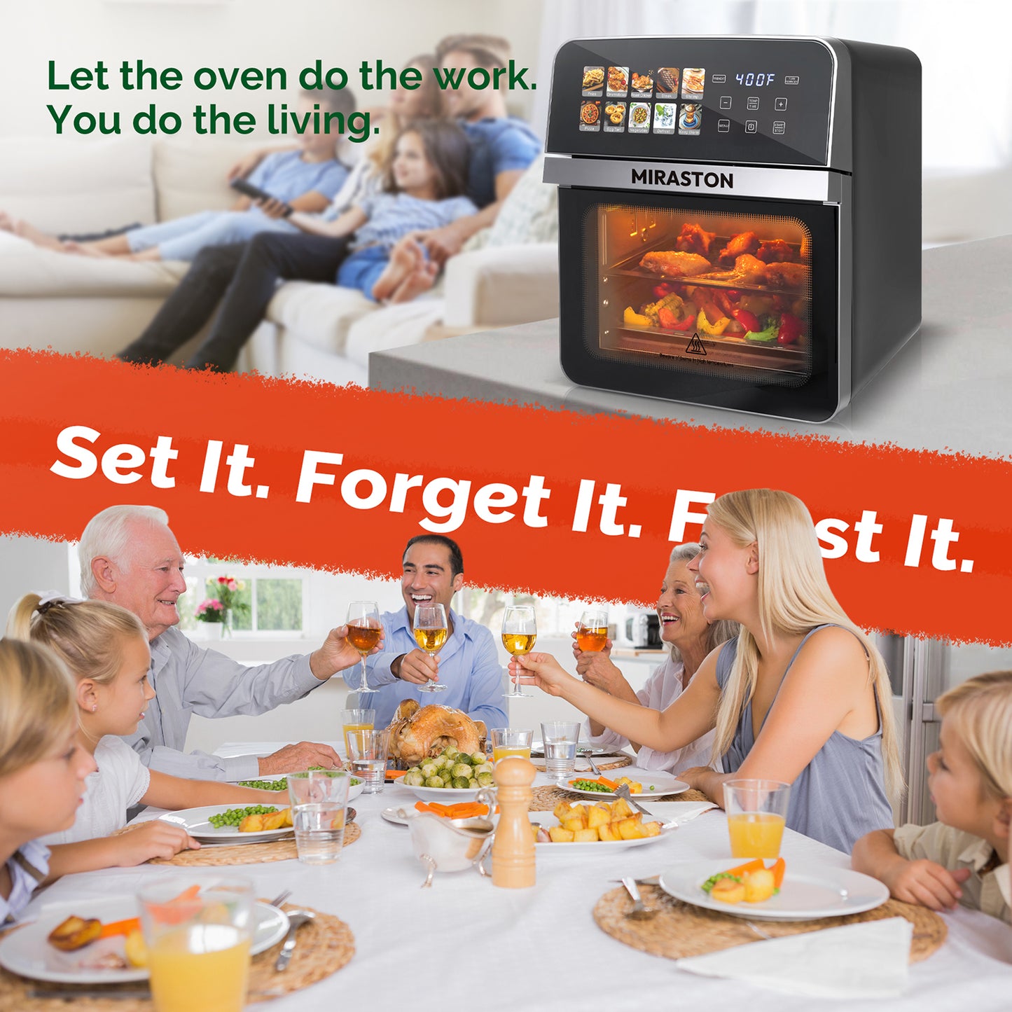 10QT Air Fryer Toaster Oven Combo with 8 Presets, Family Size Compact Oven for Roasting Whole Chicken/Double Cooking, Stainless Steel Interior, Easy Clean, Includes 2 Accessories & Recipe