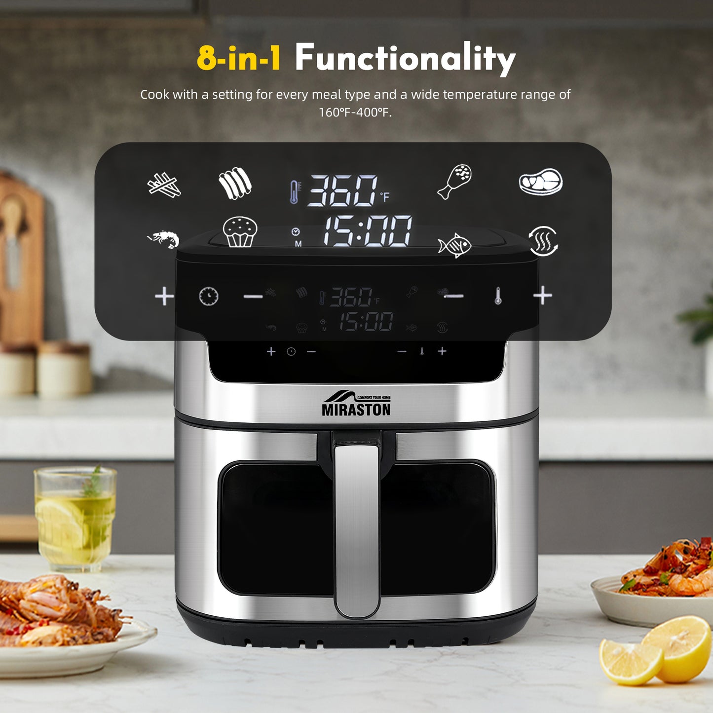 MIRASTON 8.5QT Smart Digital Family Sized Large Air Fryer Preset Recipes Options Choice 1500W