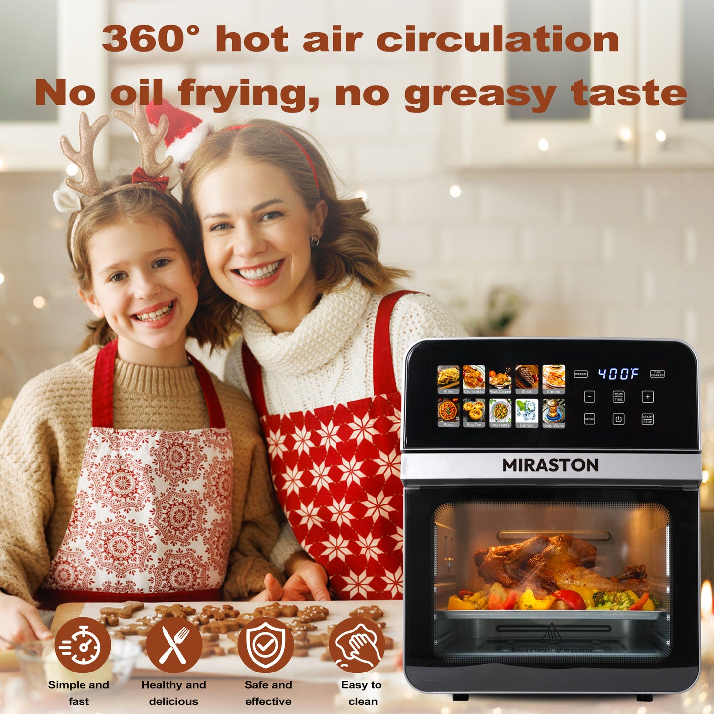 MIRASTON 10QT Air Fryer Toaster Oven – Gift Ready! 8 Presets, Fits Whole Chicken, Double Cooking. Stainless Steel, Easy Clean, 2 Free Accessories + Recipe. Foodie Essential,Gift