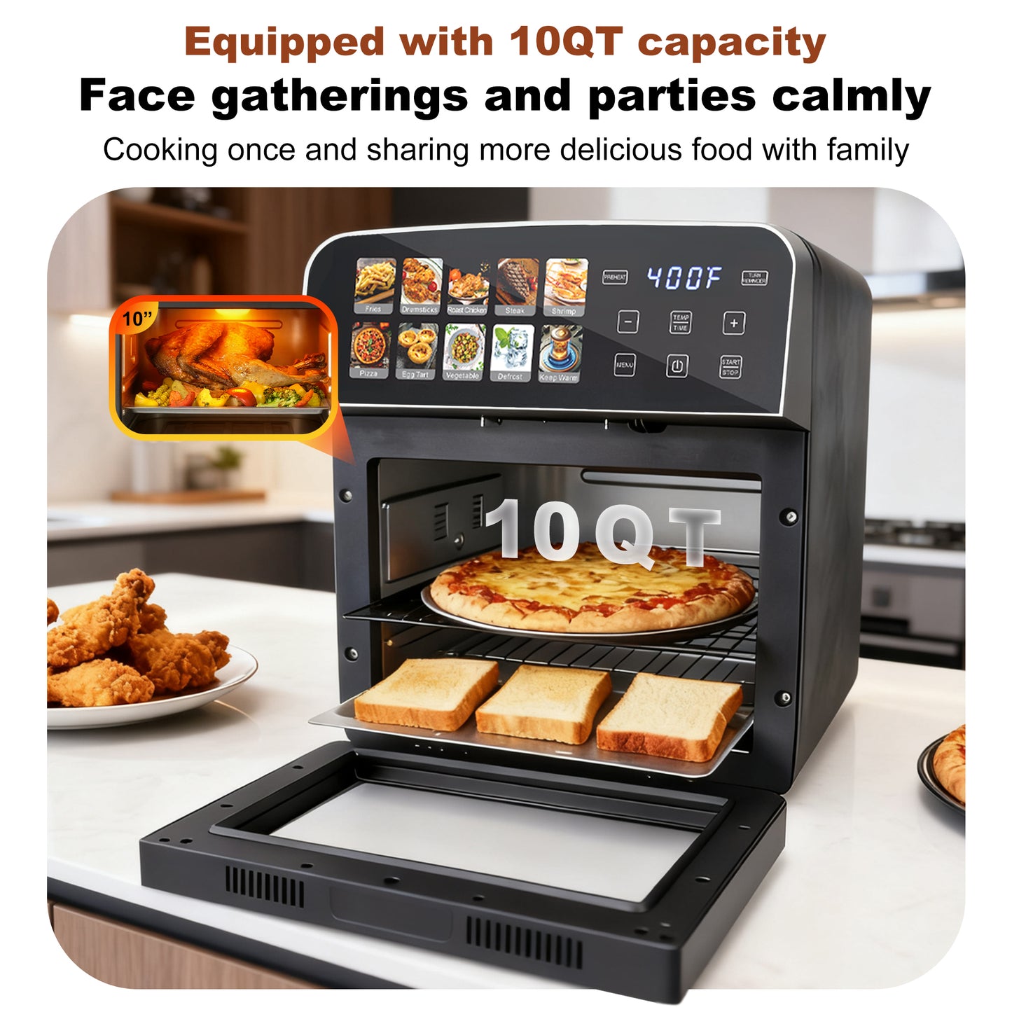 MIRASTON 10QT Air Fryer Toaster Oven – Gift Ready! 8 Presets, Fits Whole Chicken, Double Cooking. Stainless Steel, Easy Clean, 2 Free Accessories + Recipe. Foodie Essential,Gift