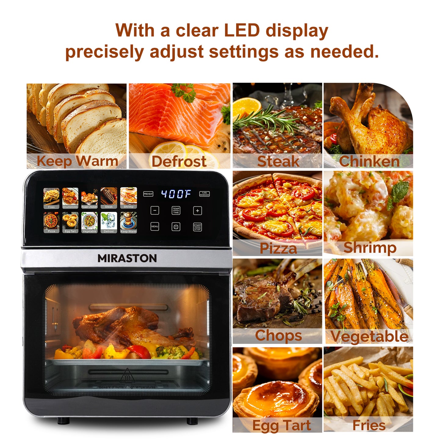 MIRASTON 10QT Air Fryer Toaster Oven – Gift Ready! 8 Presets, Fits Whole Chicken, Double Cooking. Stainless Steel, Easy Clean, 2 Free Accessories + Recipe. Foodie Essential,Gift